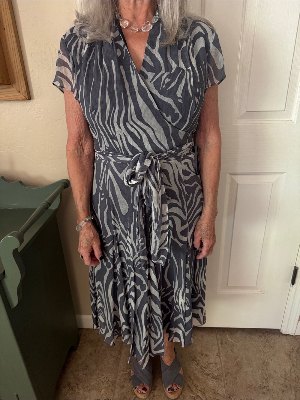 Gray Zebra-Print Wrap Midi Dress with Self-Tie Waist